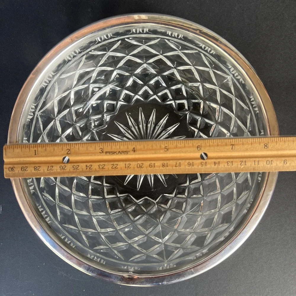 VTG Heavy Cut Glass Serving Bowl with Silver Plated Rim Large 8.25